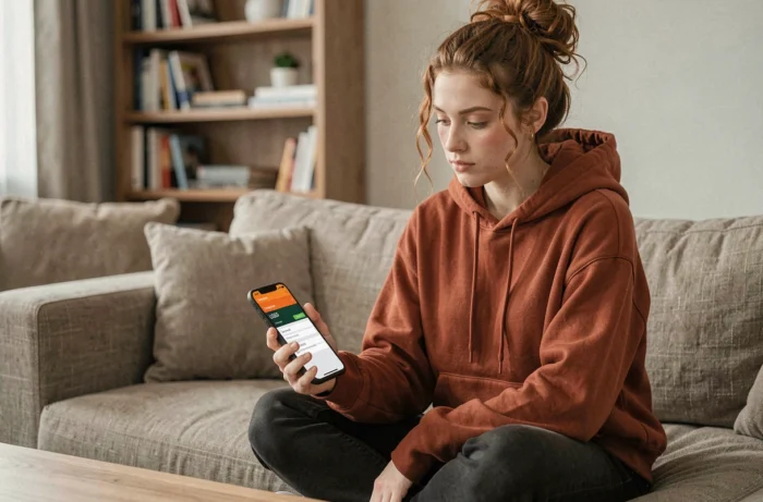 Jeune femme vérifiant sa consommation internet Orange par SMS ou code USSD depuis son canapé