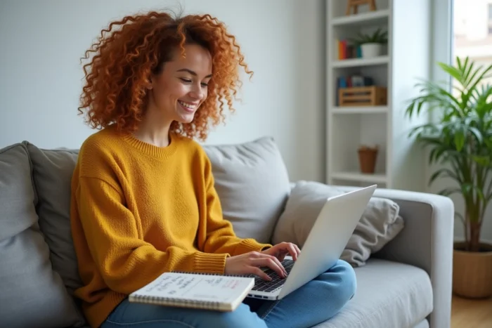 Jeune femme révisant l'orthographe du pluriel en français sur un ordinateur portable chez elle