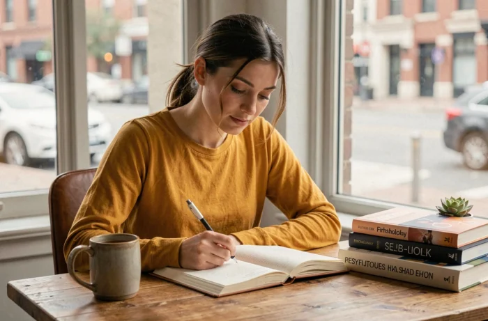 Jeune femme écrivant dans un journal intime à son bureau pour illustrer la pratique de la psychologie positive et du bien-être mental