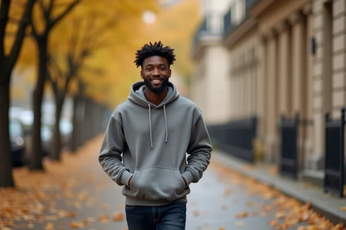 Jeune homme Black décontracté marchant sur un boulevard parisien en automne, évoquant la vie privée et la jeunesse de Lenny Roselmack fils d'Harry Roselmack