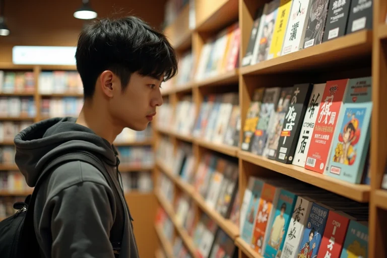 Jeune homme parcourant des rayons de mangas dans une librairie spécialisée de Tokyo