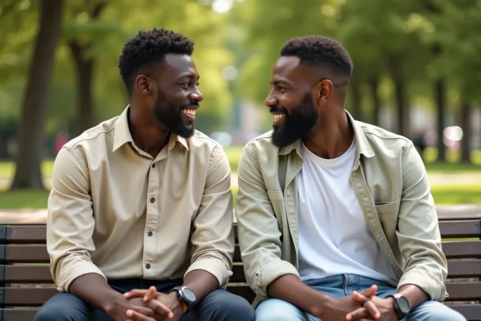 Deux hommes de générations différentes en discussion bienveillante dans un parc parisien, symbolisant le lien familial père-fils entre Harry Roselmack et son fils Lenny