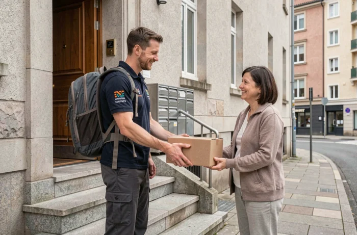 Livreur remettant un colis à une résidente devant un immeuble urbain