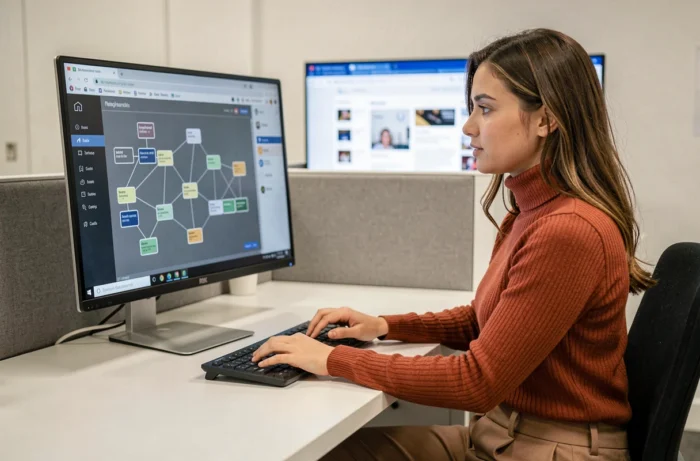 Jeune femme utilisant un logiciel de plan de site web sur un grand écran dans un espace de coworking
