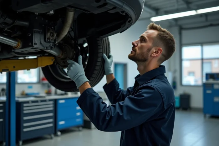 Mécanicien automobile inspectant la boîte automatique EAT8 sous une Peugeot 308 levée sur pont dans un atelier de concession