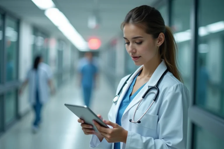 Médecin femme en blouse blanche consultant une tablette numérique dans un couloir d'hôpital moderne