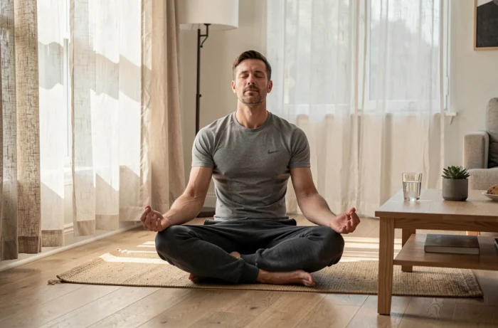 Homme en méditation sur un tapis de yoga dans un salon lumineux pour le bien-être quotidien