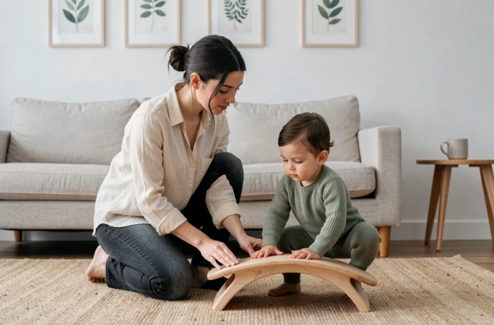 Mère aidant son jeune enfant à découvrir la planche d'équilibre Wobbel en bois dans un intérieur minimaliste moderne