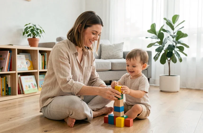 Mère aidant son enfant à jouer avec des blocs en bois dans un salon chaleureux et familial
