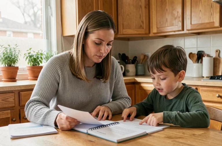 Mère et fils consultant des documents familiaux ensemble à une table en bois dans une cuisine chaleureuse