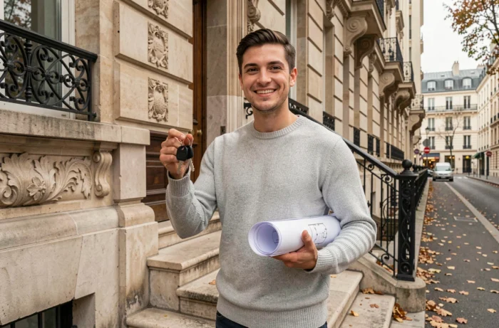 Jeune propriétaire tenant ses clés devant un immeuble parisien après financement par un prêt immobilier modulable