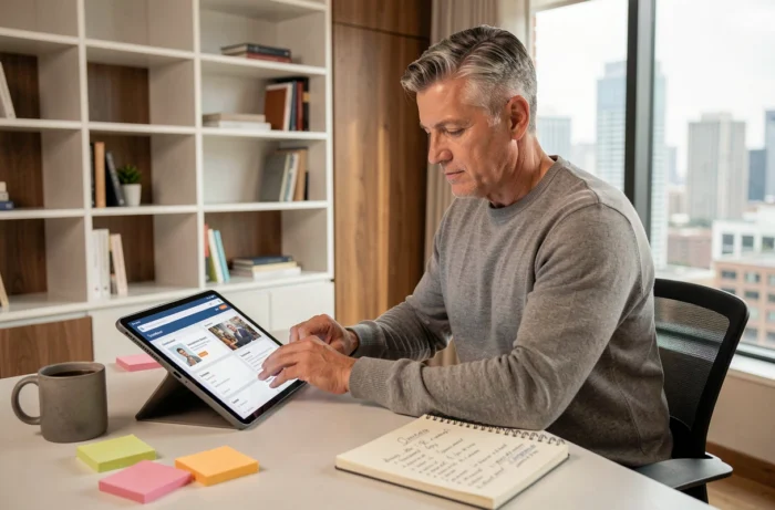 Un professionnel du web optimise la visibilité de ses annonces depuis son bureau à domicile sur tablette