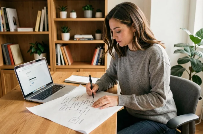 Femme organisant le plan de son site web en dessinant une arborescence sur papier dans un bureau à domicile