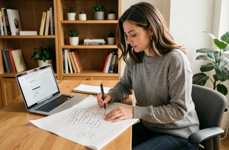 Femme organisant le plan de son site web en dessinant une arborescence sur papier dans un bureau à domicile