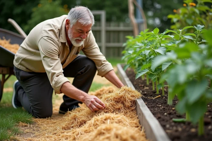 Homme paillant le potager au printemps avec de la paille dorée autour des plants de légumes