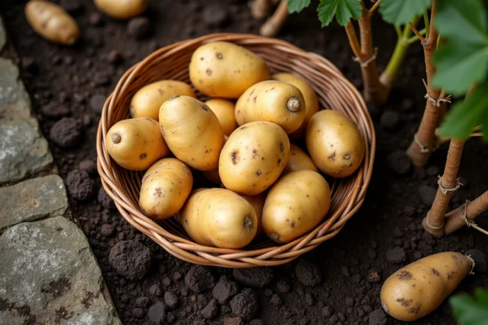 Gros plan sur une corbeille en osier remplie de pommes de terre fraîchement récoltées posée sur la terre du jardin après une récolte en petite surface