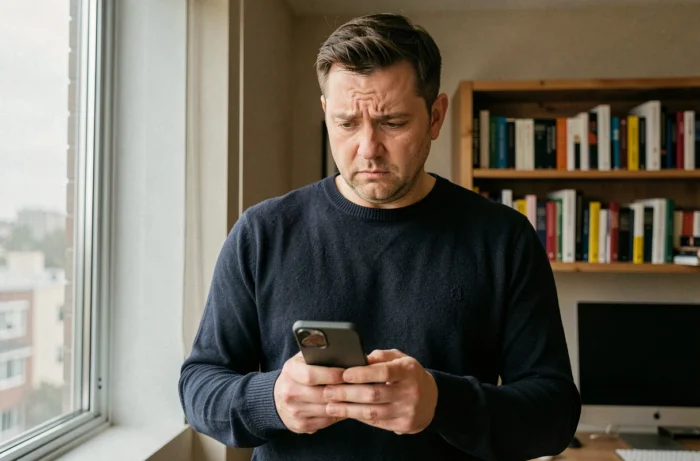 Homme vérifiant une panne de messagerie Pia sur son smartphone depuis son bureau à domicile