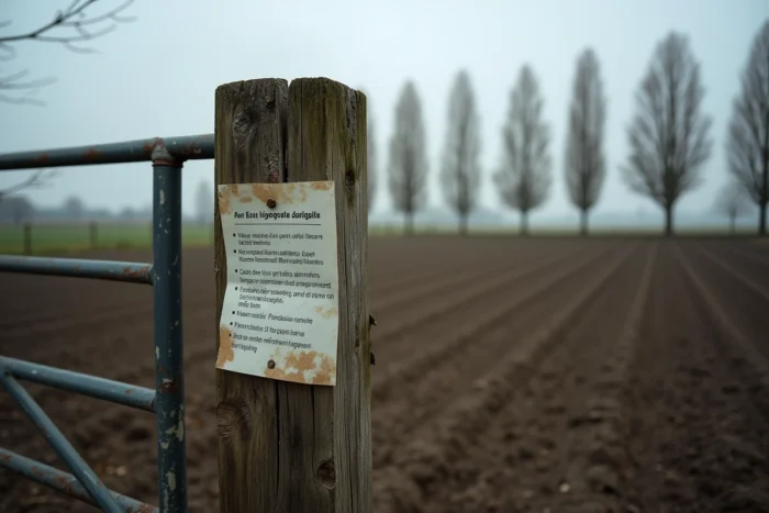 Panneau d'entrée et portail métallique d'un terrain agricole privé avec affichage des règles d'accès en France rurale