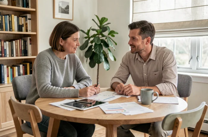 Deux parents discutant de l'organisation familiale autour d'une table avec des documents et une tablette