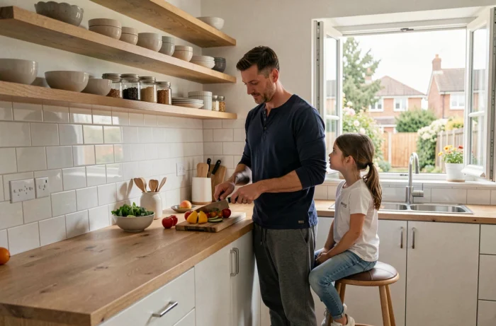 Père préparant un goûter sain avec sa fille dans une cuisine moderne et familiale