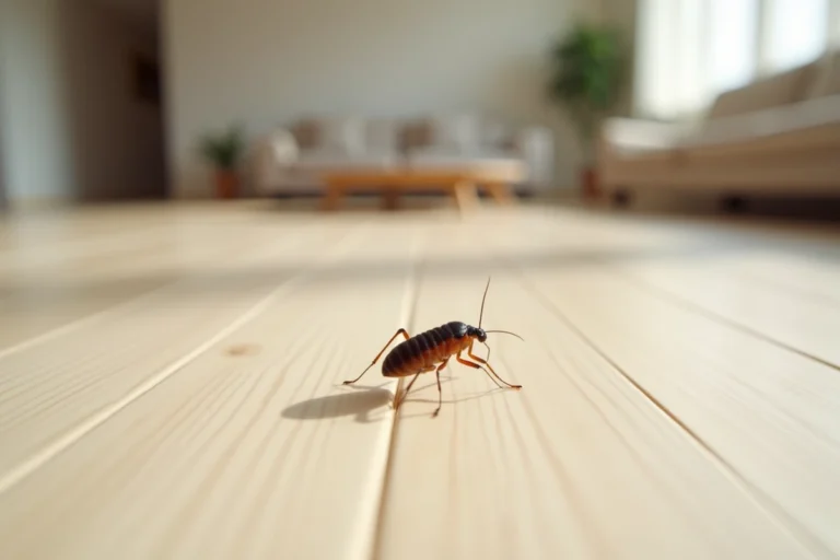 Petite bête noire qui saute sur un parquet en bois à l'intérieur d'une maison, photo macro détaillée