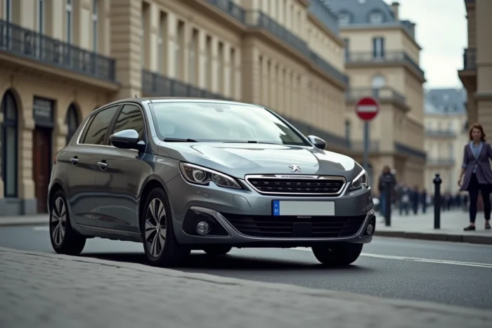 Peugeot 308 grise stationnée dans une rue urbaine française, vue extérieure trois quarts avant mettant en valeur le design moderne