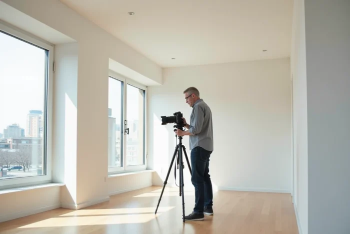 Photographe immobilier préparant une visite virtuelle dans un appartement vide pour optimiser les coûts