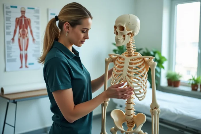 Physiothérapeute montrant les os du squelette humain incluant la clavicule sur un modèle anatomique en cabinet