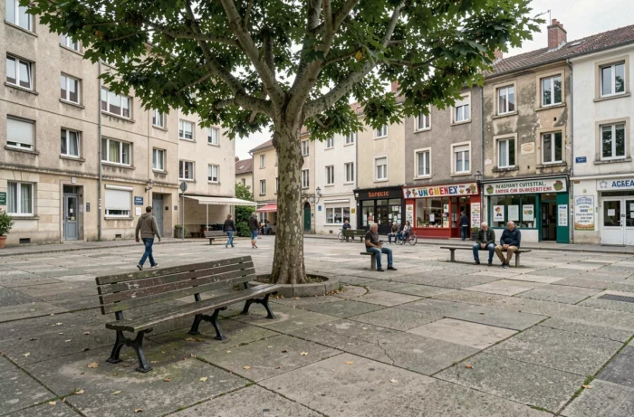 Place publique d'un quartier populaire de Brive-la-Gaillarde avec habitants et commerces locaux