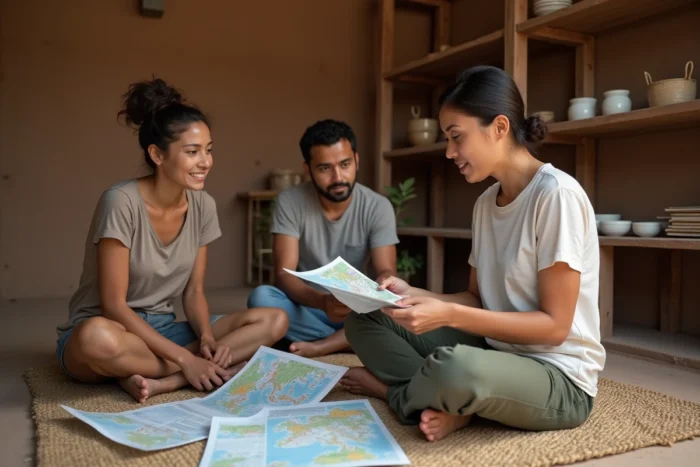 Voyageuse planifiant un itinéraire responsable avec des organisateurs communautaires locaux dans un centre associatif