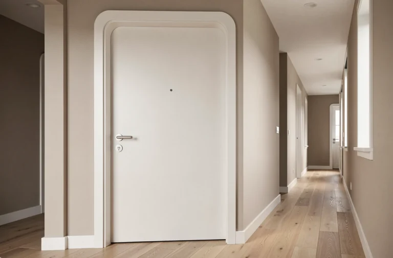 Porte postformée blanche aux bords arrondis installée dans un couloir intérieur moderne avec parquet en chêne clair