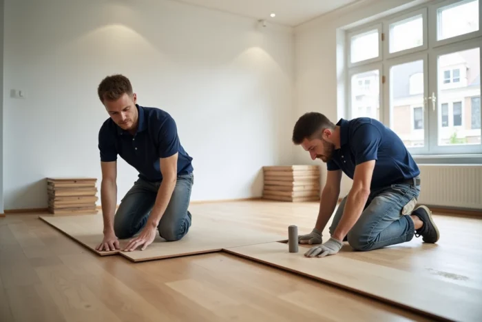 Deux ouvriers professionnels en train de poser un parquet en chêne lors d'un chantier de rénovation intérieure