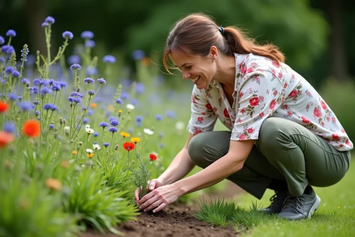 Femme plantant des fleurs sauvages locales pour remplacer une partie du gazon par une prairie fleurie naturelle