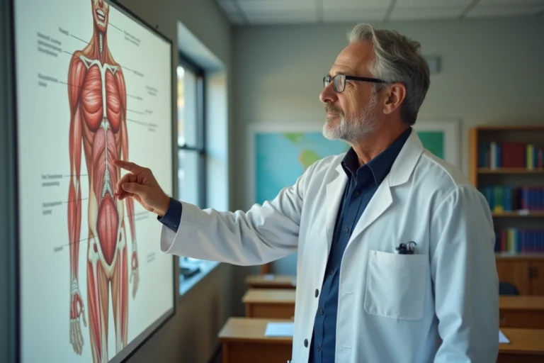 Professeur d'anatomie pointant un schéma des parties du corps humain dans une salle de cours universitaire