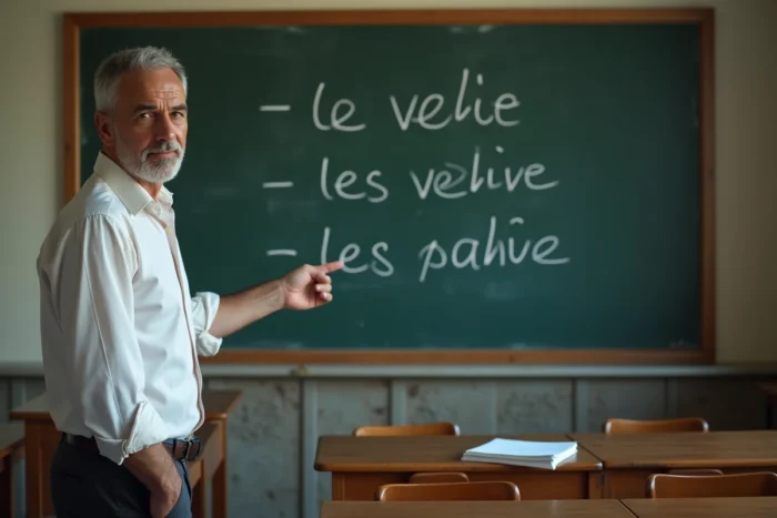 Professeur expliquant les règles du pluriel en français devant un tableau noir dans une salle de classe