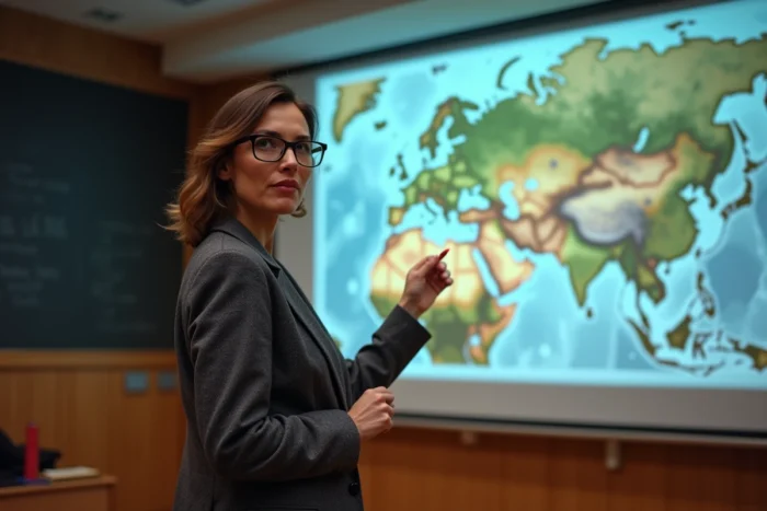 Professeure universitaire présentant une carte historique des empires pratiquant les supplices corporels extrêmes