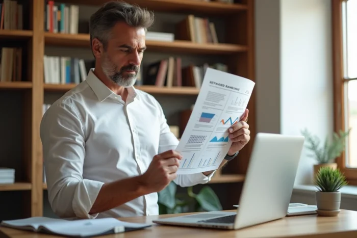 Professionnel du marketing digital analysant des rapports SEO imprimés avec des KPI de trafic organique dans un bureau à domicile