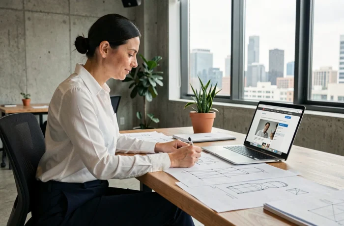 Professionnelle en agence web analysant des maquettes de site internet sur un bureau moderne avec ordinateur portable