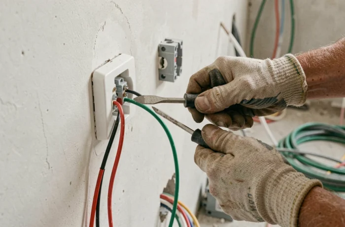 Gros plan sur le raccordement de fils électriques colorés dans une prise murale lors d'une rénovation intérieure