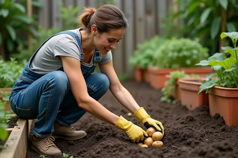 Femme récoltant des pommes de terre dans un petit potager urbain avec des mains gantées et une terre riche et meuble