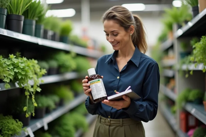 Femme lisant attentivement l'étiquette réglementaire d'un produit phytosanitaire dans un magasin de jardinage avant l'achat