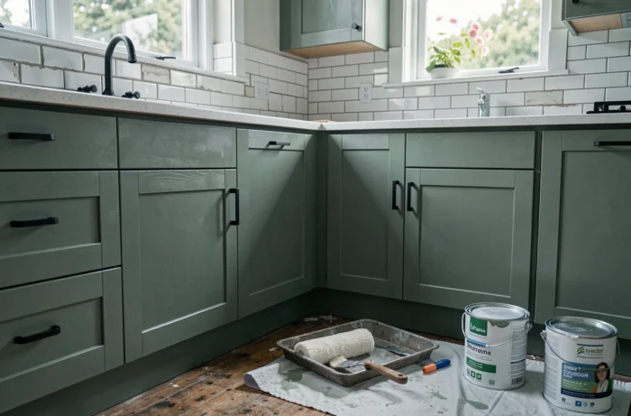 Cuisine en cours de rénovation avec des armoires repeintes en vert sauge, une quincaillerie noire mate et des carreaux de métro blancs en arrière-plan