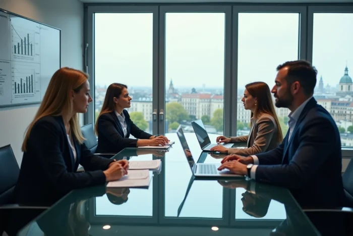 Réunion de direction dans une salle de conseil d'administration d'un grand groupe de distribution français