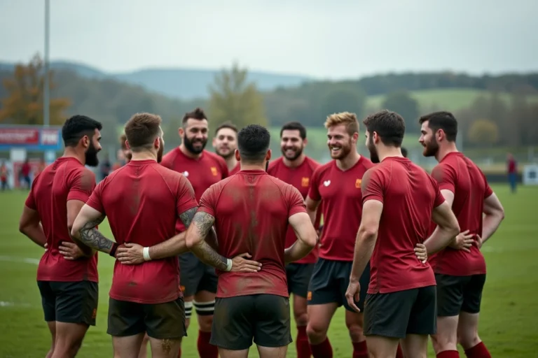 Équipe de rugby amateur du Sud-Ouest réunie sur le terrain après un match régional, maillots rouges et noirs couverts de boue, ambiance conviviale et authentique