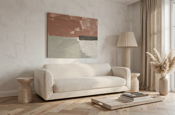 Salon contemporain entièrement décoré par un expert en aménagement intérieur avec canapé bouclé, mur en chaux et accessoires en travertin