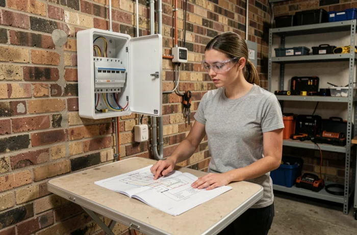 Femme consultant un schéma de câblage électrique devant un tableau électrique dans un garage en cours d'installation