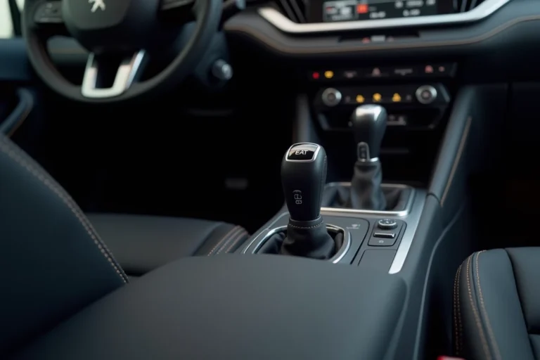 Sélecteur de boîte automatique EAT8 dans l'habitacle d'une Peugeot 308, console centrale moderne avec finitions piano black