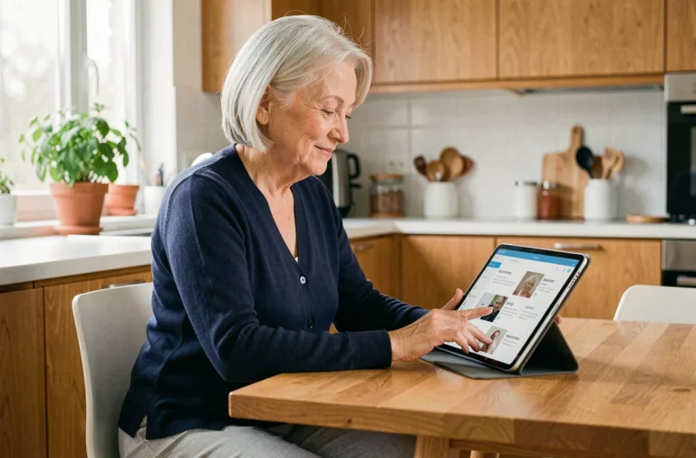 Senior femme utilisant une tablette numérique adaptée aux personnes âgées dans sa cuisine moderne pour rester autonome au quotidien