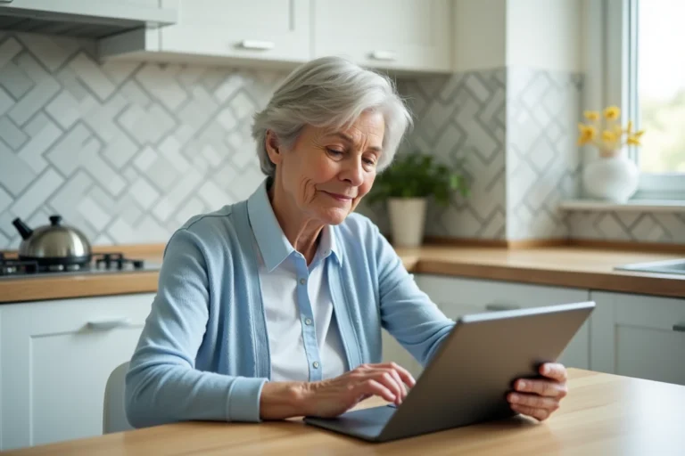 Senior utilisant une tablette à grandes touches pour rester connectée à domicile