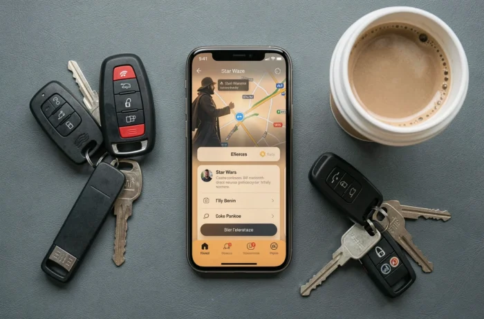 Vue du dessus d'un smartphone sur tableau de bord affichant la sélection de voix Star Wars dans l'application Waze